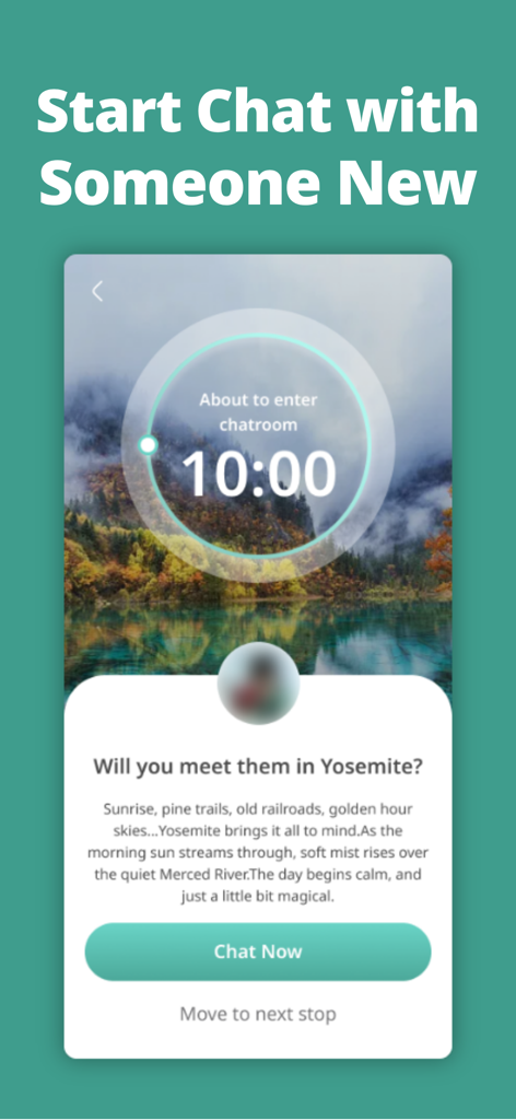 GRASS: Outdoor Dating & Meet - Interface of GRASS dating app showing a countdown timer to start a chat for a Yosemite outdoor meetup