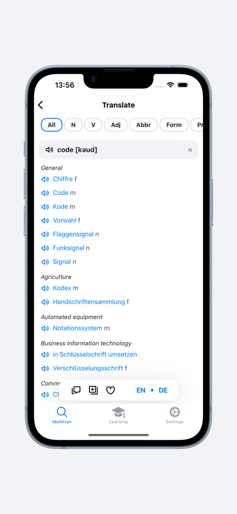 Multitran app screenshot showing English to German translations for the word code categorized by technical subject areas