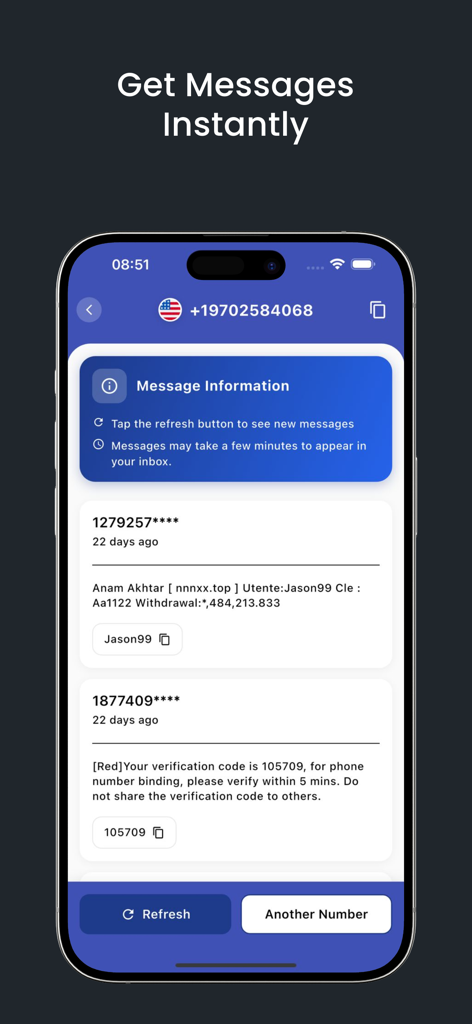 Interfaz de iPhone de la aplicación Número Temporal Ahora mostrando códigos de verificación recibidos en un número de teléfono virtual de EE. UU.