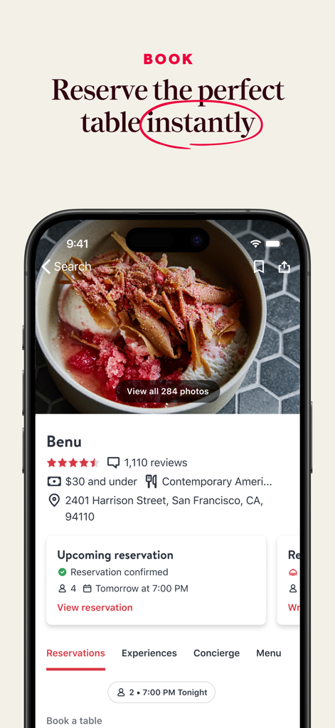 OpenTable - OpenTable app showing a restaurant profile for Benu with an upcoming reservation confirmed for four people