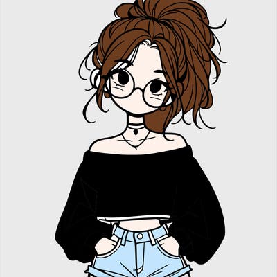 girl with a messy ponytail glasses a baggy crop top and jean shorts