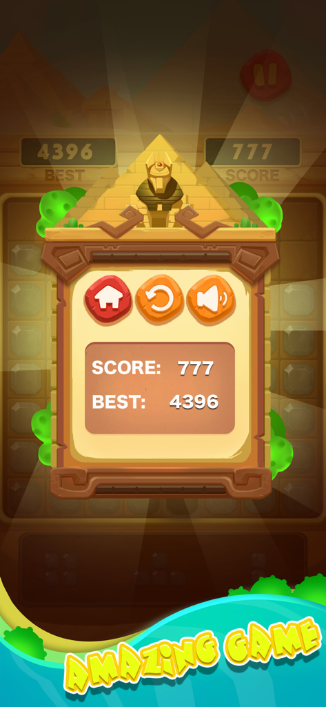 Block Puzzle - Blast Jigsaw - Block Puzzle Blast Jigsaw game score screen with an Egyptian theme showing current and best scores
