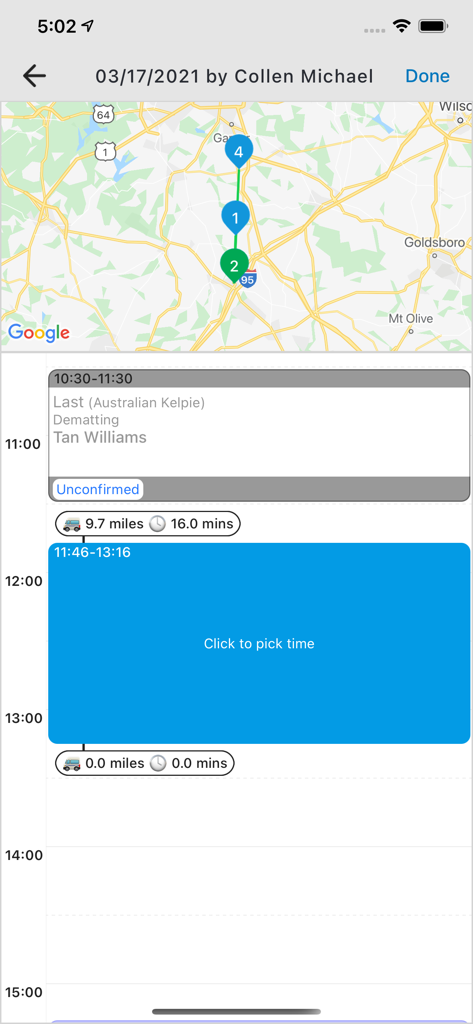 Mobile grooming route map and appointment schedule interface in the GrooMore app