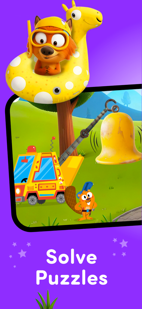 Rescue: Toddler games for kids - A rescue truck and a beaver character in a toddler puzzle game with the text Solve Puzzles