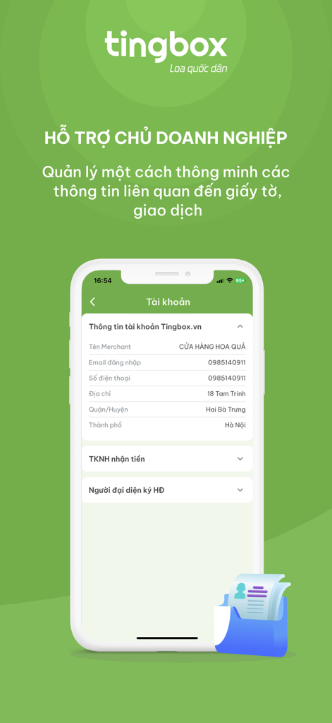 Tingbox – Loa Quốc Dân - Tingbox mobile app interface showing merchant account details and business support features