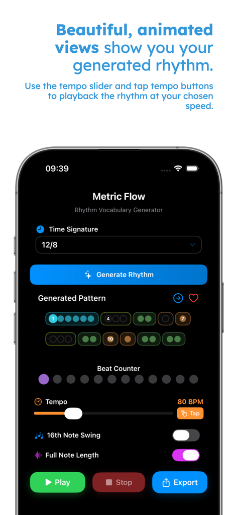 Metric Flow - Interfaz de la aplicación Metric Flow que muestra patrones rítmicos y configuraciones de tempo para la práctica musical