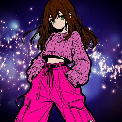 anime teen girl with baggy pants and crop top with sweater