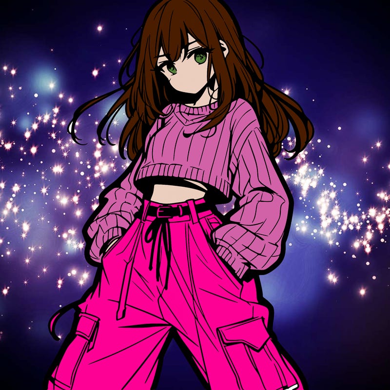 anime teen girl with baggy pants and crop top with sweater