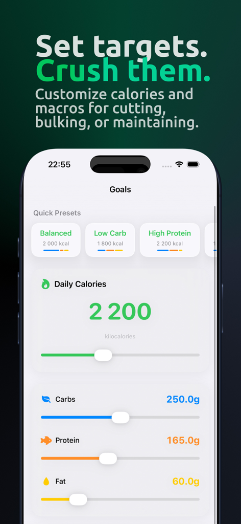 Calometric — Calories Tracker - Interfaz de la aplicación Calometric que muestra la configuración de objetivos diarios de calorías y macros con ajustes rápidos como Bajo en Carbohidratos y Alto en Proteínas