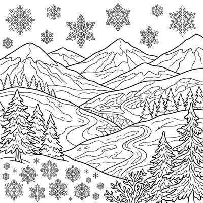 Immerse yourself in a beautiful winter landscape with this intricate coloring page. Featuring majestic foothills, towering evergreen trees, and a shower of delicate snowflakes, it’s perfect for a cozy creative escape.