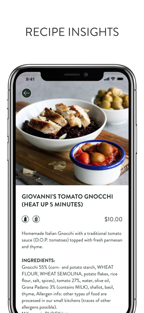 The FELFEL app interface showing ingredients and nutritional information for a tomato gnocchi meal.