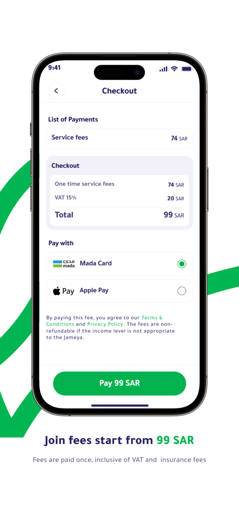 Hakbah app checkout screen showing service fees and payment options for Mada Card and Apple Pay