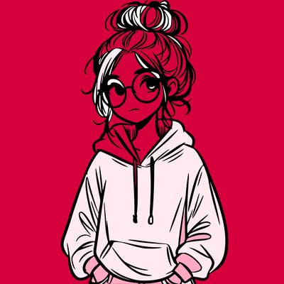 teen girl with a messy bun and glasses wearing a loose hoodie and jeans