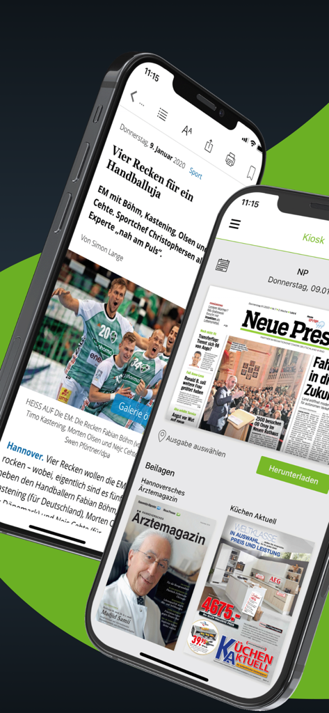 NP E-Paper: News aus Hannover - Oberfläche der Neuen Presse Hannover E-Paper-App, die einen Nachrichtenartikel und eine Auswahl digitaler Zeitungs-Editionen anzeigt.