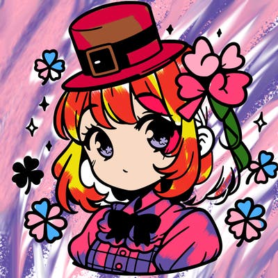 a manga-style girl with clovers around her, a little hat in her hair, like it's saint patrick's day