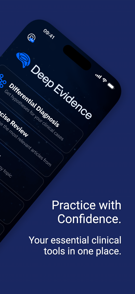 Deep Evidence: Clinical AI - Deep Evidence Clinical AI mobile app interface for healthcare professionals featuring clinical tools and differential diagnosis