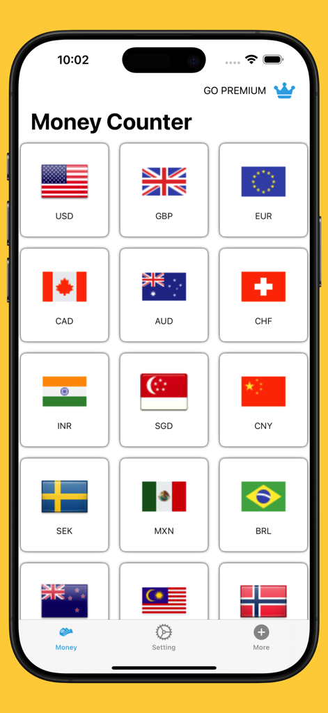 Money Counter app main screen displaying a grid of international flags for currency selection including USD GBP and EUR