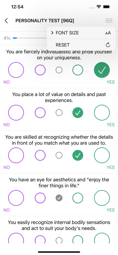 Mobile app interface for a personality test featuring agreement scale questions and a progress bar