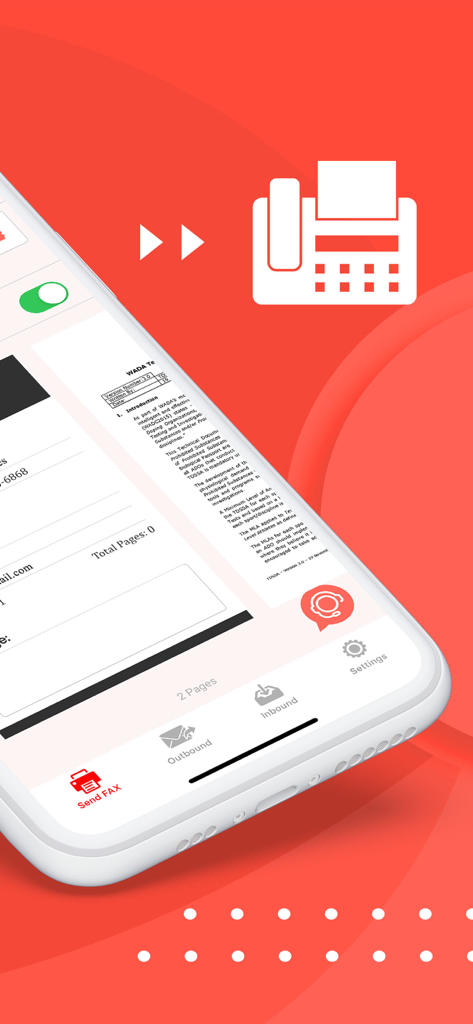 Fax From iPhone - Receive Fax - A smartphone screen showing the Fax From iPhone app with document preview and navigation icons