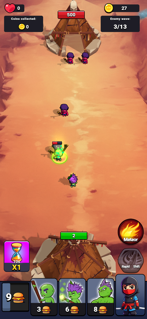Age of Heroes | Warriors Clash - A desert battlefield in Age of Heroes showing green warrior units advancing toward an enemy base during an early age wave.