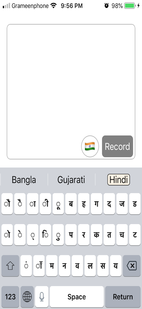 Indian Keyboard - Mobile screen showing the Indian Keyboard app with a Hindi script layout and options for Bangla and Gujarati languages.
