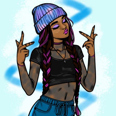 realistic teenage girl with braids and a beanie and crop top doing 🫶🏼