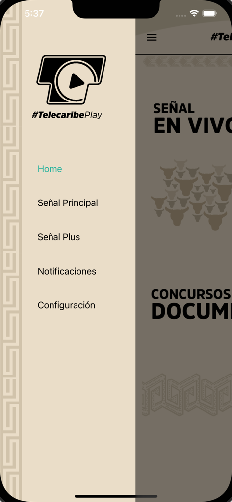 Telecaribe - Menú de navegación lateral de la aplicación Telecaribe Play mostrando opciones de transmisión en vivo y configuración