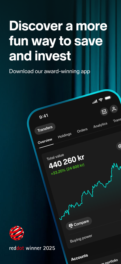 Nordnet: Stocks & Funds - Nordnetモバイルアプリにポートフォリオ価値と株価パフォーマンスグラフが表示されている