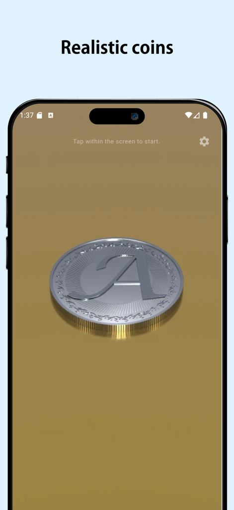 Pantalla de smartphone que muestra una moneda de plata 3D realista para la aplicación Coin Toss.