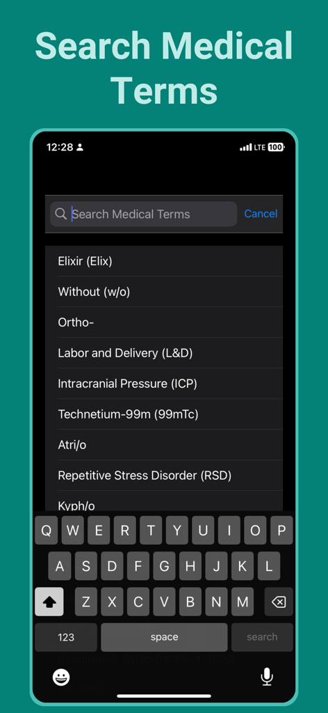 Medical Findings - Search screen of the Medical Findings app showing a list of medical abbreviations and terms