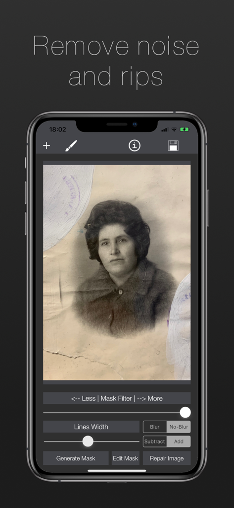 Damaged Photo Restore & Repair - A mobile app interface displaying manual tools to remove noise and rips from a vintage portrait