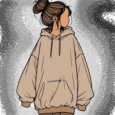 realistic girl with a oversized sweatshirt on and a bun