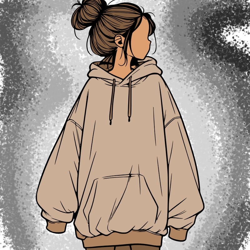 realistic girl with a oversized sweatshirt on and a bun