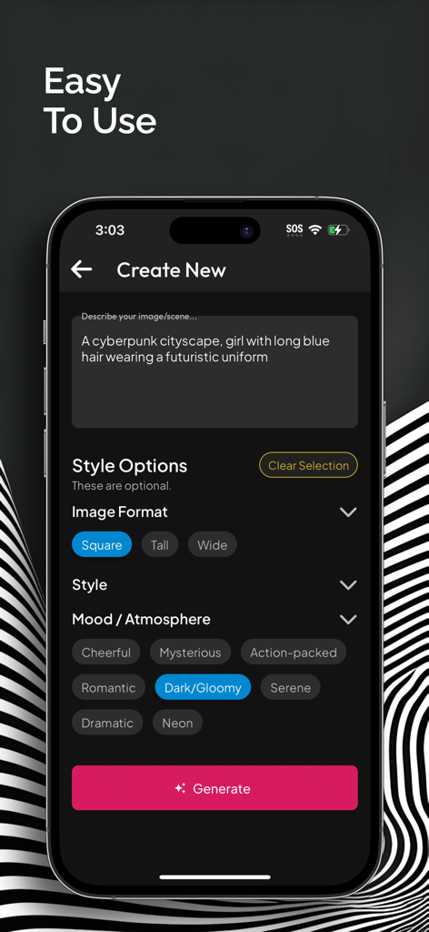Anime AI: Art Generator App - Interface of Anime AI Art Generator app showing prompt input and mood selection for creating an anime character.