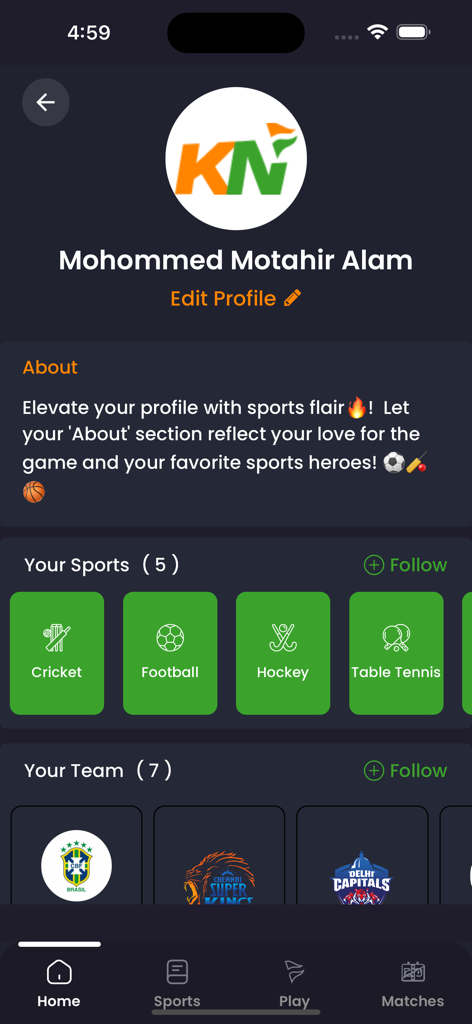 Khel Now app user profile page showing personalized sports and team selections