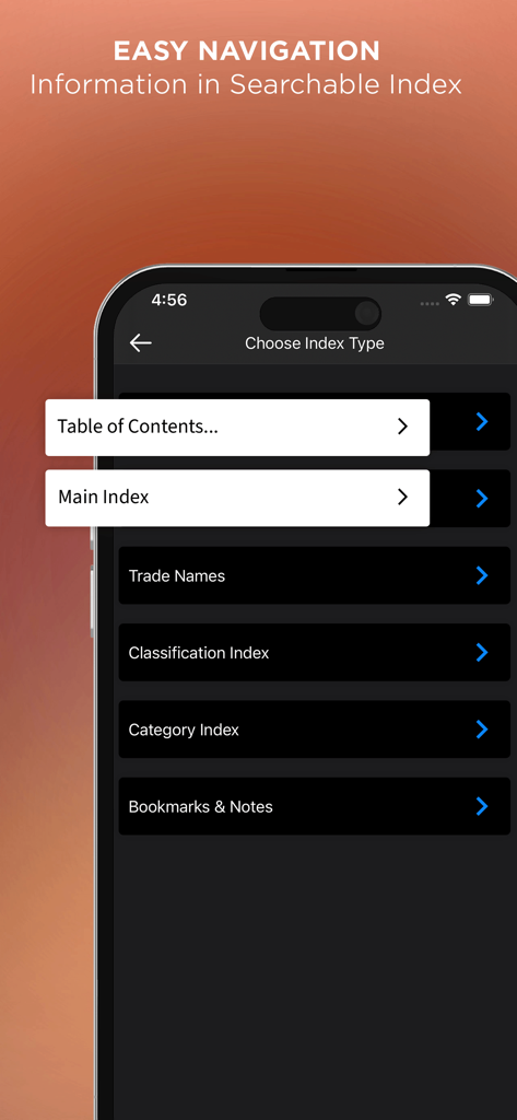 Cancer Chemotherpy Drug Manual - Navigation menu screen showing searchable index options in the Cancer Chemotherapy drug manual app.