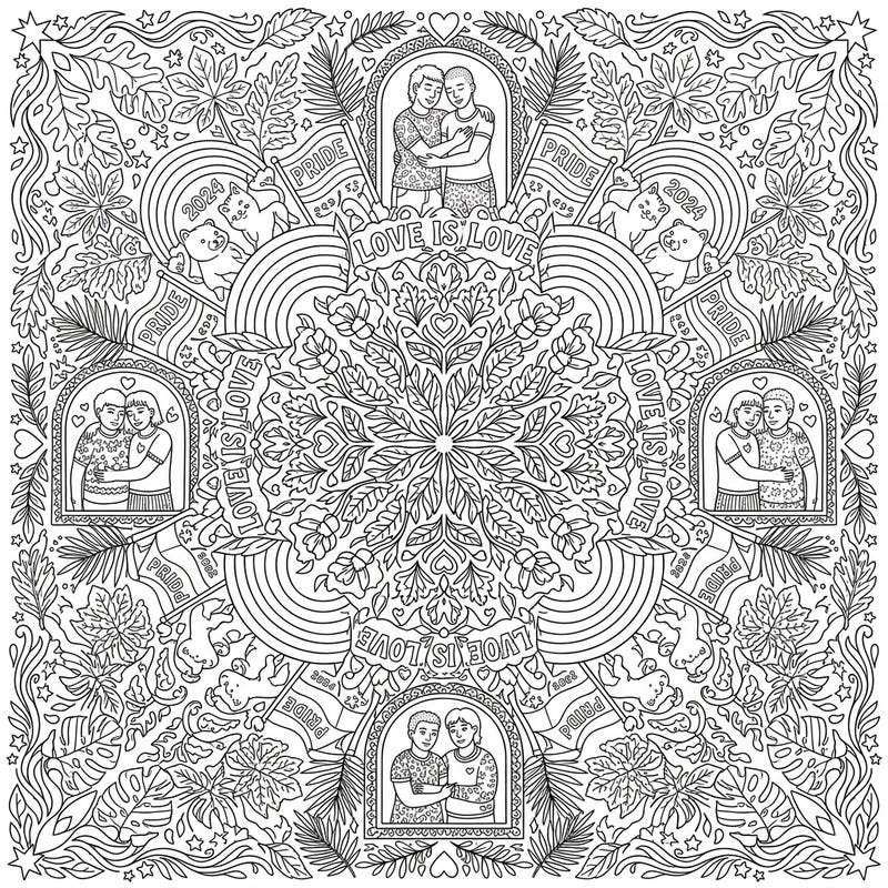 Immerse yourself in a beautiful blend of nature and love with this intricate Kaleidoscope Leaves Pride coloring page. It's a perfect way to celebrate diversity and unity through art, featuring heartwarming scenes and symbols.