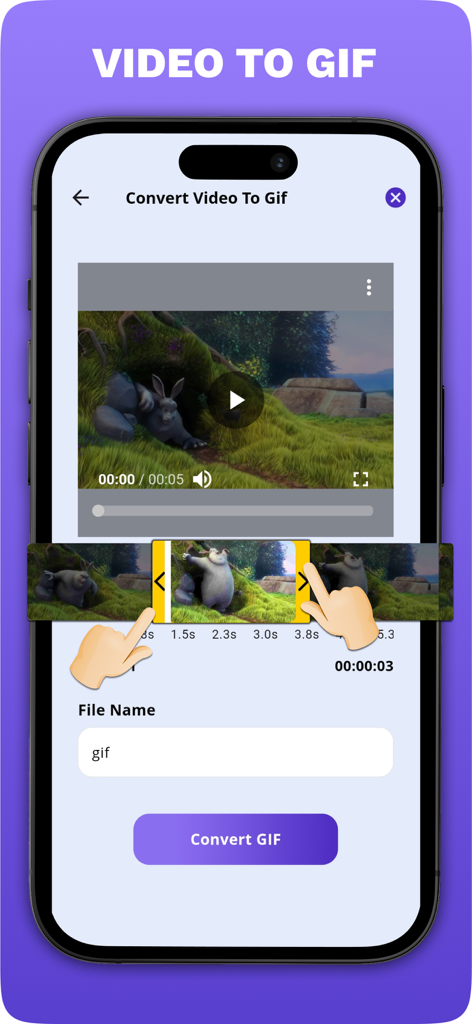 Audio Video Media Converter - Mobile app interface showing a video to GIF conversion tool with a timeline trimmer and convert button.