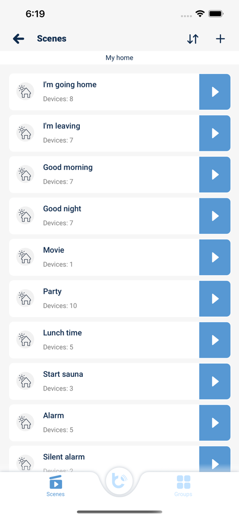 wBox by blebox.eu - Dashboard of the wBox app showing various smart home scenes for automated control.
