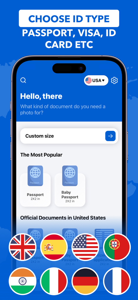 Interfaz de la app Foto de ID mostrando opciones para elegir tipos de documentos como pasaporte y visa para diferentes países