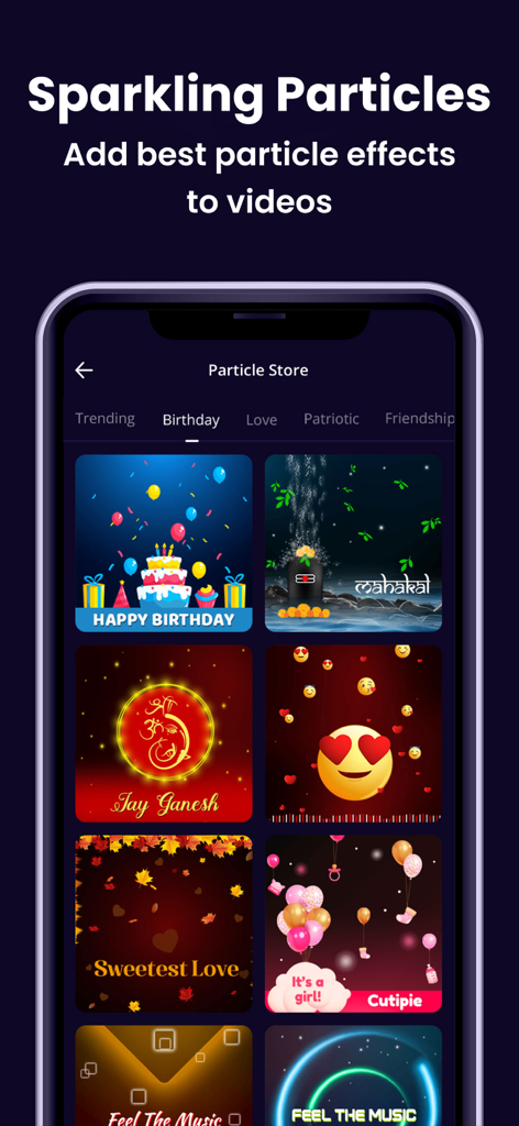 MBit: Reels & Video Templates - MBit 파티클 스토어를 보여주는 모바일 앱 화면으로 생일, 사랑, 음악용 다양한 테마 비디오 템플릿 제공