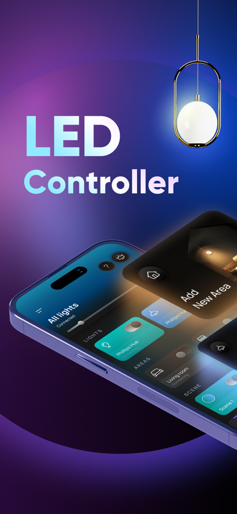 Led Light Controller Home App - Interfaz de la App de Control de Luces LED para el Hogar en un smartphone mostrando controles de iluminación inteligente para habitaciones y dispositivos.