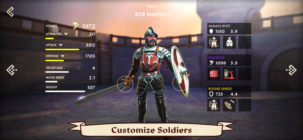 Dawn of Ages: total war battle - Una pantalla de personalización de soldados medievales en Dawn of Ages que muestra armaduras históricas detalladas, armas y estadísticas de personajes.