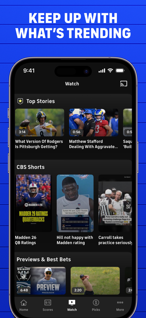 Screenshot of the CBS Sports app Watch tab displaying trending news stories, short videos, and betting previews.