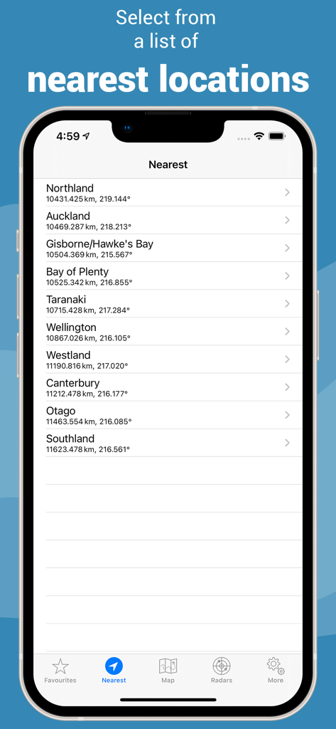 A list of the nearest rain radar locations in New Zealand showing distances and coordinates on a mobile app interface