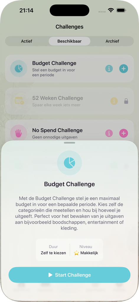 Budget Challenge App - A mobile app interface showing a list of financial challenges including Budget Challenge and No Spend Challenge with a popup window to start a goal