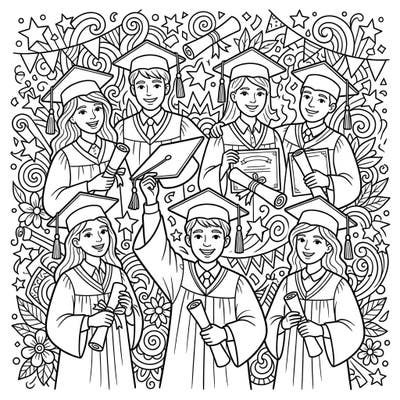 Capture the excitement of graduation day with this detailed coloring page featuring happy graduates. Perfect for celebrating academic achievements and the joy of completing a milestone.