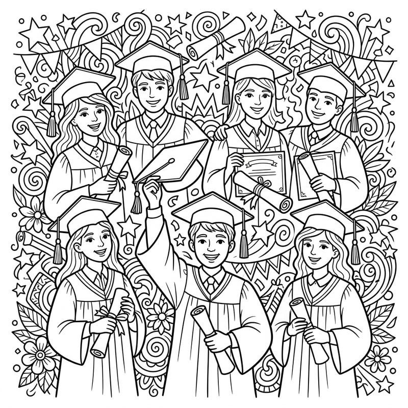 Capture the excitement of graduation day with this detailed coloring page featuring happy graduates. Perfect for celebrating academic achievements and the joy of completing a milestone.