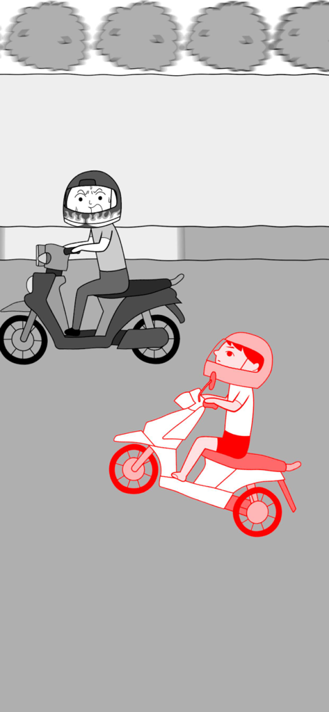 KUUKIYOMI THAILAND - Un personaje minimalista rojo haciendo un caballito en una scooter junto a un personaje gris que conduce normalmente.