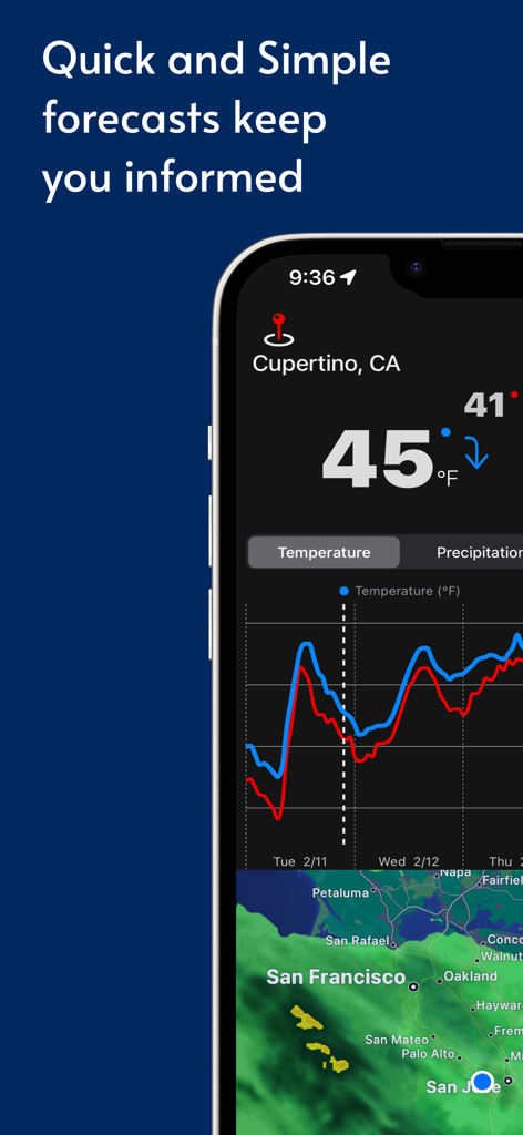 Weather Basic - 미국 캘리포니아 쿠퍼티노 지역의 온도 예측 그래프와 지역 날씨 지도를 표시하는 날씨 기본 앱 인터페이스